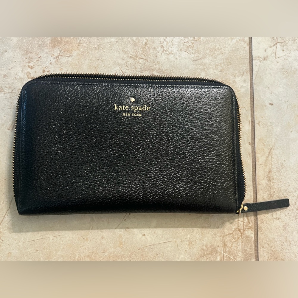 Kate Spade Black Leather Zip Around Wallet.